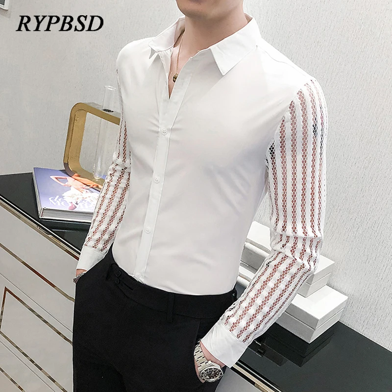 Sexy Mesh Lace White Dress Shirt Men 2024 Fashion Autumn Casual Slim Fit Long Sleeve Social Party Prom Banquet Tuxedo Men Shirts