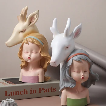 

Simple Art Resin Girl Deer Head Decoration Living Room Wine Cabinet Office Character Statue Placed Home Decoration Birthday Gift