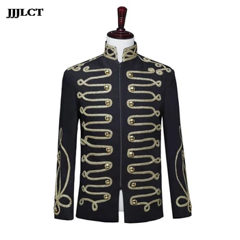 

DJ multi-button nightclub fashion host jacket hair stylist top black gold-plated zipper men's court military dress