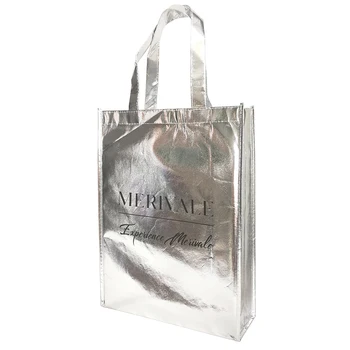

Custom Handled Gift Bags with Logo Glossy Shiny Silver Metallic Non Woven Fabric Luxury Wigs Packaging Boutique Party Favor Bags