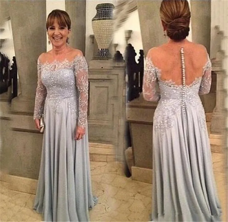 Evening Prom Dresses Long Mother Of the Bride Dresses Plus Size Long Sleeves Blue Arabic Muslin Evening Gown Formal Dress