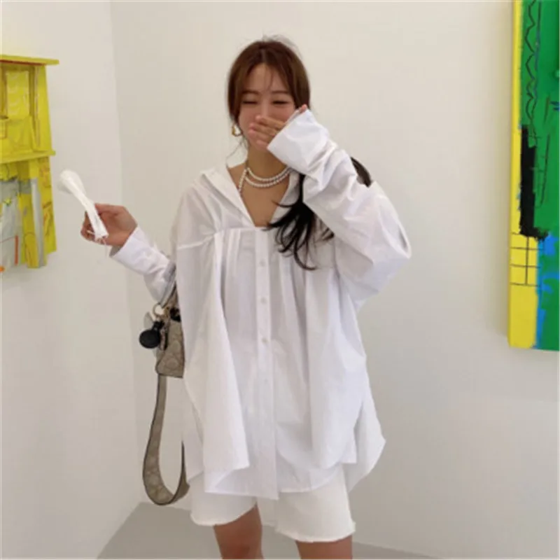 

2020 New Arrivals Korean Chic Ins Fashionable Blouse Shirt Minimalist Split Loose Pullovers Tunic Casual Lady Cotton Tops