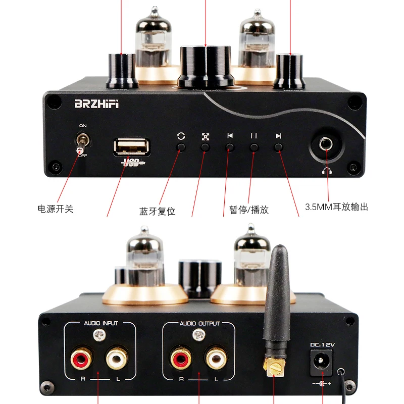 microphone amplifier Bluetooth 5.0 Tube preamplifier 6J5 Valve Tube Preamp Bass Preamplifier Stereo Audio Headphone Amplifier USB DAC APTX bluetooth amplifier