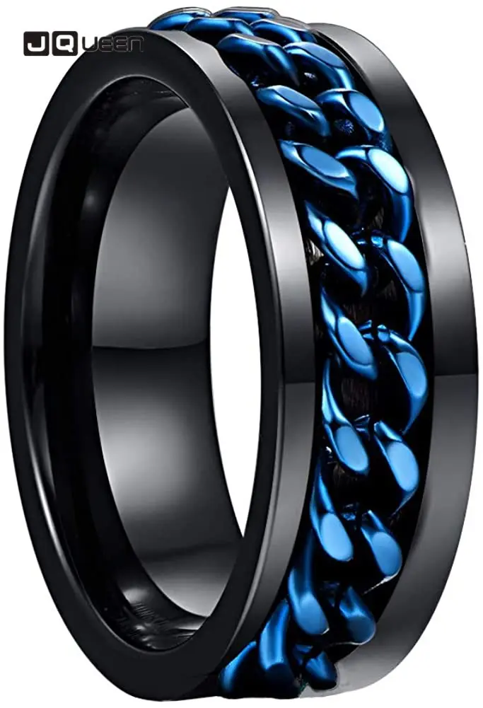 JQUEEN Men's 8mm tungsten carbide ring Black Tungsten steel Ring with Blue Rotatable Chain Inlaid Comfort Fit Size 6-12 | Украшения и