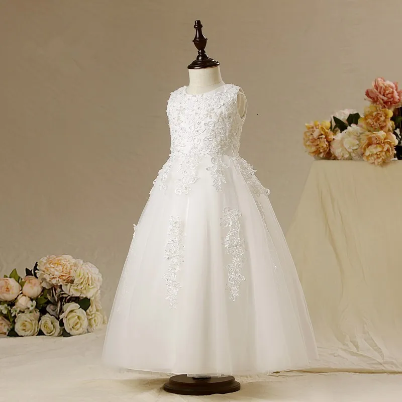 Vestidos de daminha/Белое фатиновое кружевное бальное платье с бусинами; Длинные Платья с цветочным узором для девочек на свадьбу; Коллекция года; Детские платья для дня рождения