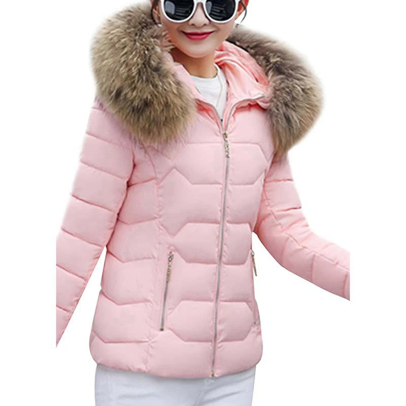 YMING Fashion Winter Down Jackets Women Puffer Warm Parks with Hooded Detachable Fur Collar Female Coat Cotton Outwear Clothes - Цвет: Pink2