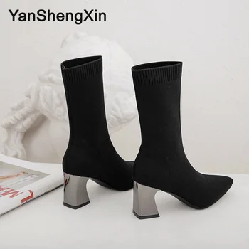 

YANSHENGXIN Shoes Woman Boots Stretch Socks Mid-Calf Boots Fashion Pointed Toe Women Shoes Autumn Winter Boots Ladies Booties