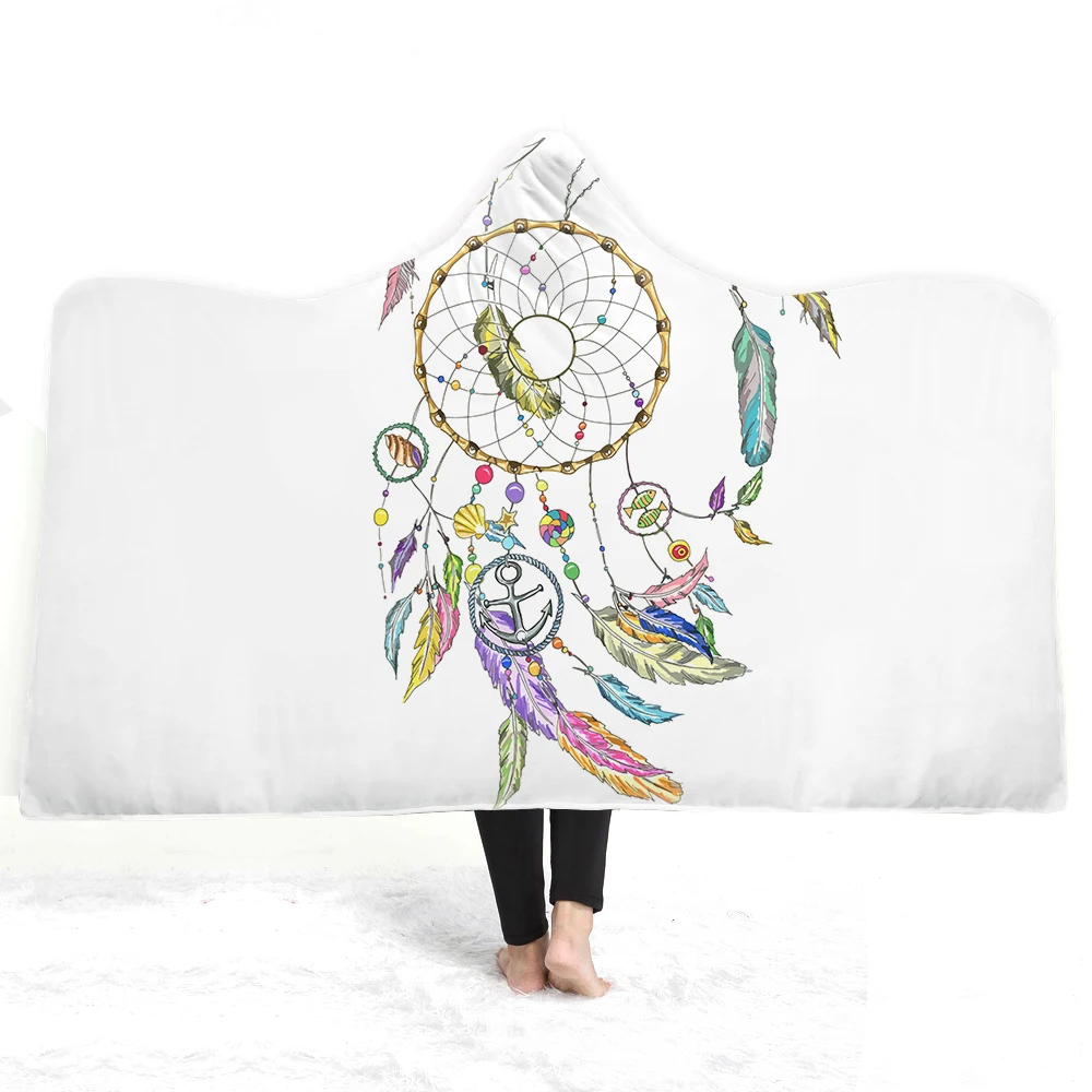 Watercolored Parrot Dreamcatcher Feather Print Microfiber Warm Thick Blanket for Teens Wearable Hooded Throw Blanket 150x200cm