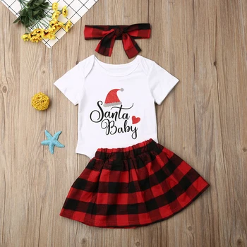 

Pudcoco Newborn Baby Girl Clothes My 1st Christmas Print Short Sleeve Romper Tops Plaids Mini Skirt Headband 3Pcs Outfits Set