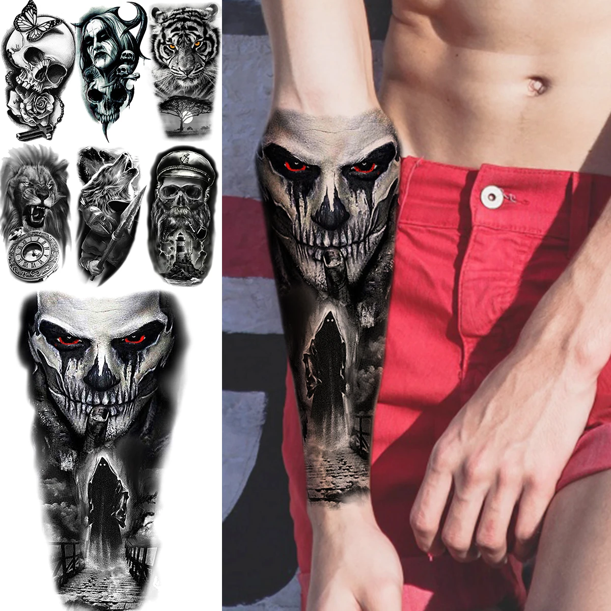 3D Realistic Black Devil Temporary Tattoos For Men Adult Tiger Pirate Skeleton Vampire Fake Tattoo Forearm Scary Tatoo Joker - AliExpress