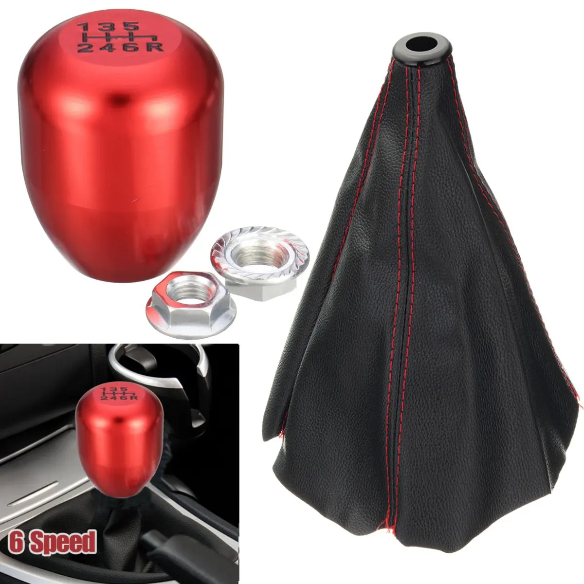 Universal Aluminium 6 Speed Car Gear Shift Knob Leather Manual Shift Boot Kit Manual Replacement Gear Shift Lever Knob - Название цвета: Красный