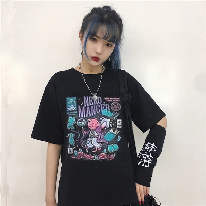 New Harajuku Gothic Women's T-Shirt Nekomancer Printed Short Sleeve Top and T-Shirt Fashion Casual T-Shirt Women's Clothing T-Sh