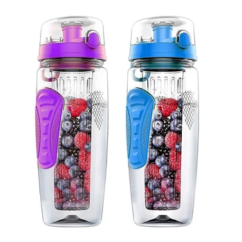 

2Pcs 1000Ml/32Oz Fruit Infusing Infuser Water Bottle Plastic Sports Detox Health - Purple & Blue