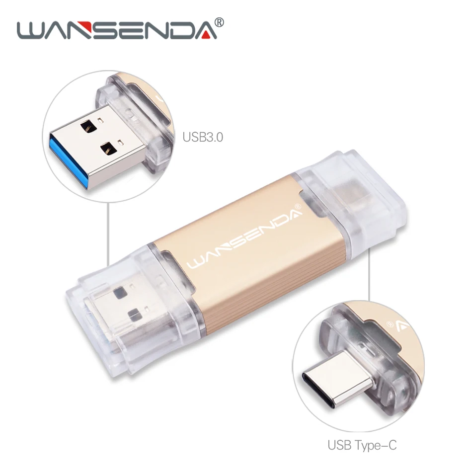 WANSENDA USB 3,0 TYPE C USB флеш-накопитель OTG флеш-накопитель 512 ГБ 256 ГБ 128 Гб 64 ГБ 32 ГБ USB накопитель высокоскоростной 2 в 1 флешка - Цвет: Золотой