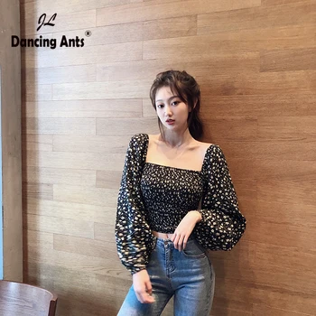 

Woman Shirt Square Collar Long Sleeve Elastic Waist Broken Flower Print Tops Vintage Chic Fashion Office Lady Shirts 2020 Spring