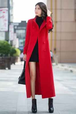 Женское зимнее пальто, Осеннее и зимнее Классическое однотонное шерстяное пальто большого размера с поясом, тонкое длинное пальто для женщин - Цвет: Красный