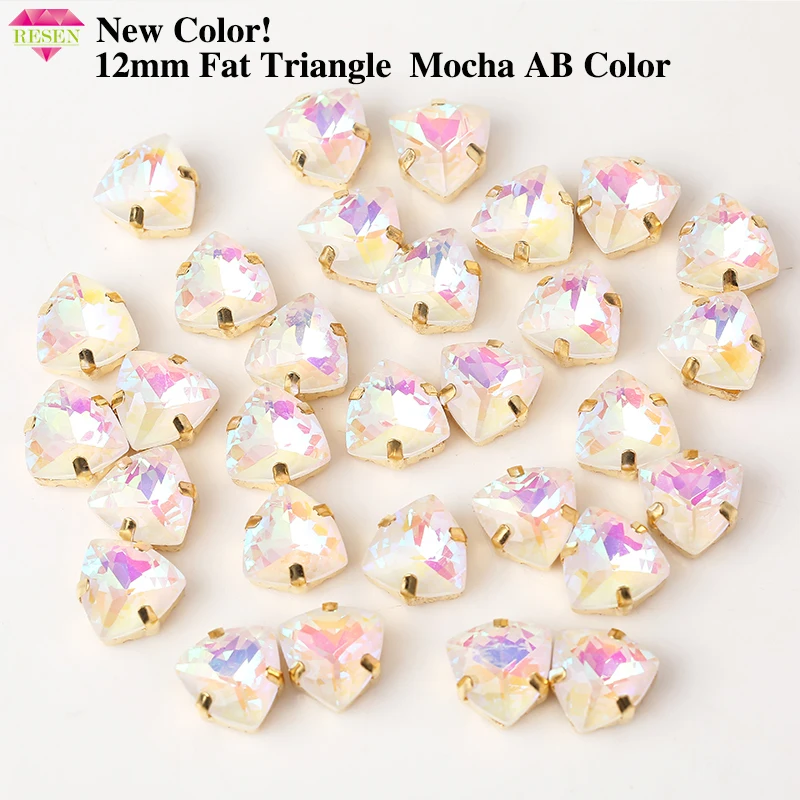 

RESEN New Color 20PCS 12mm Glass Fat Triangular Stone Gold Sew on Rhinestone With Claw Crystal Mocha AB Rhinestones For Shoes