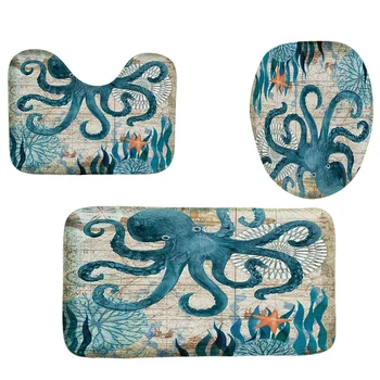 

4Pcs Home Bathroom Decor Set Octopus Pattern Toilet Seat Cover Bath Mat Set+Waterproof Shower Curtain