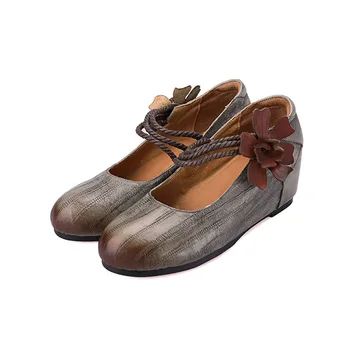 

YourSeason Ladies Vintage High Heels Shoes Genuine Leather Hook Loop Flower Handmade Women Wedges Shoes 2020 Spring Autumn