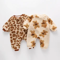 Body imprimé ours pour nouveau né, barboteuse en fourrure pour bébé, manches longues, léopard, vêtements chauds 