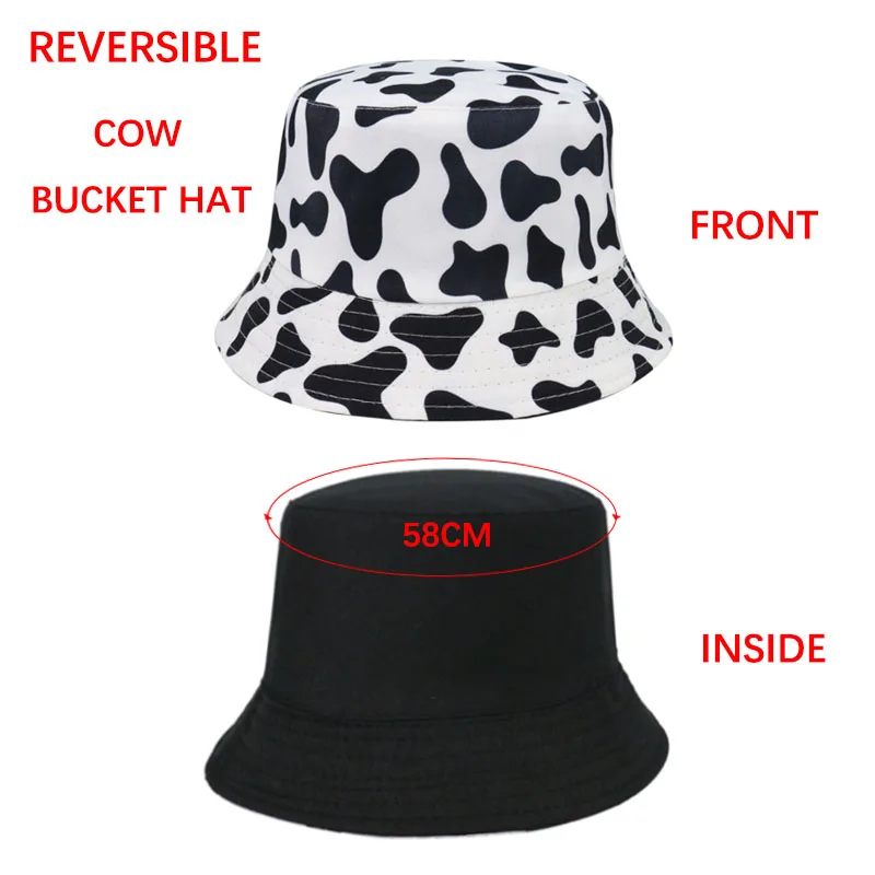 New Fashion Reversible Black White Cow Pattern Bucket Hats Fisherman Caps For Women Gorras Summer