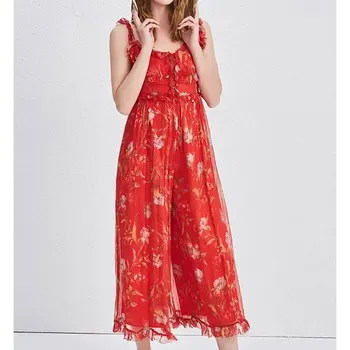 

Women Jumpsuit Silk Orange Print Sling Loose Jumpsuit