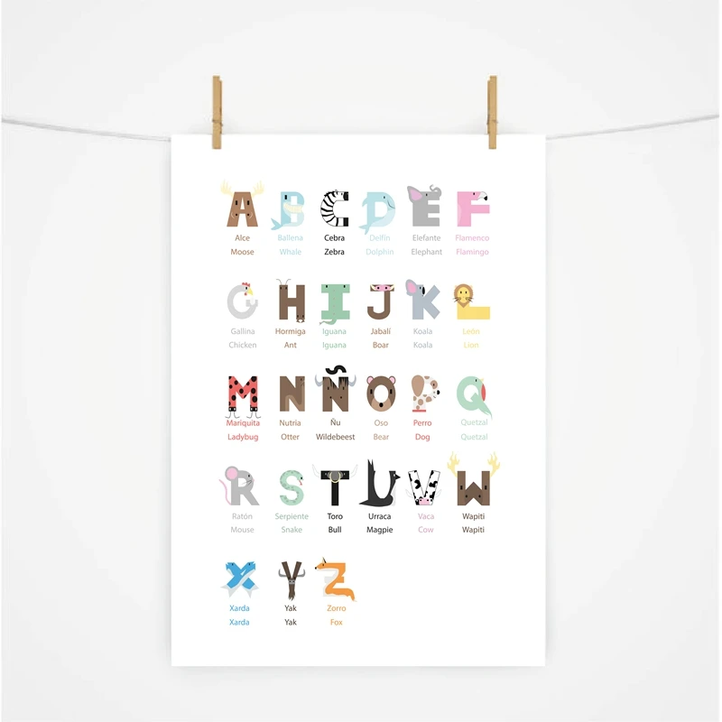 Spanish-Alphabet-Animal-Graphic-Art-Canvas-Painting-Nursery-Wall-Picture-Spain-Education-Poster-Print-Kids-Room