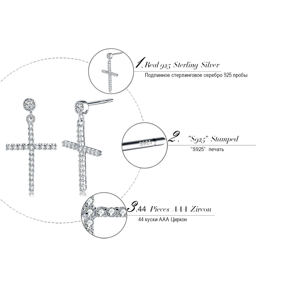 Effie queen, серьги из чистого стерлингового серебра с цирконием для женщин, настоящее 925 пробы, серебряные большие серьги-капли с крестиком, модное ювелирное изделие BE37