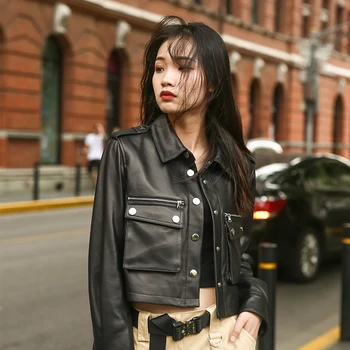 

Gours Real Leather Jackets for Women Fashion Black Genuine Sheepskin Short Motorcycle Jacket and Coats Classic Punk Style 2031