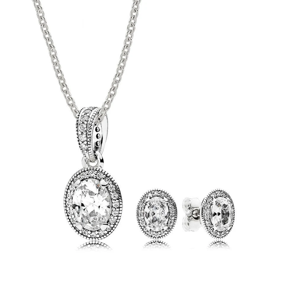 

NEW 100% 925 Sterling Silver Elegant Sparkling Crystal Zircon 296247CZ VINTAGE ELEGANCE EARRING STUDS Necklace Set CS1716