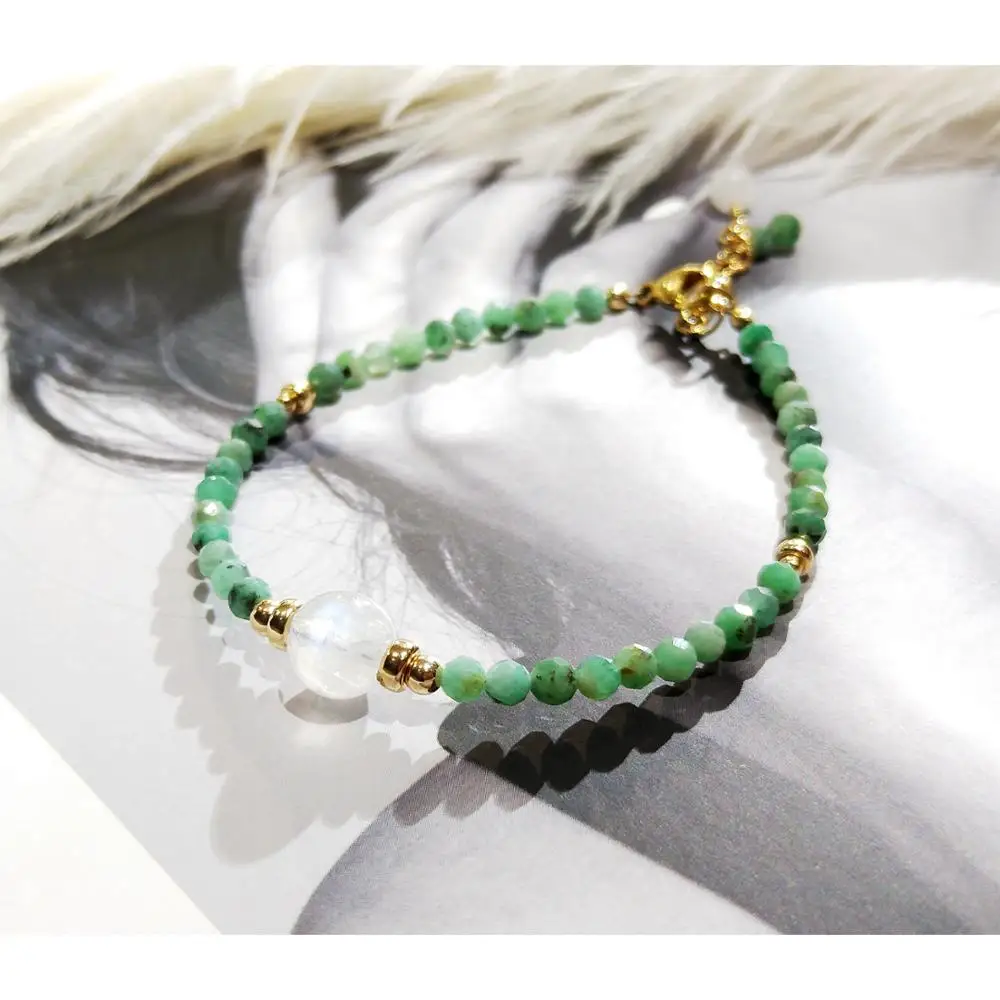 

Браслет Lii Ji из настоящего изумруда и лунного камня, 14 к, с золотым наполнением, натуральный зеленый камень, 3 мм, со сверкающими бусинами, для женщин и мужчин, подарок