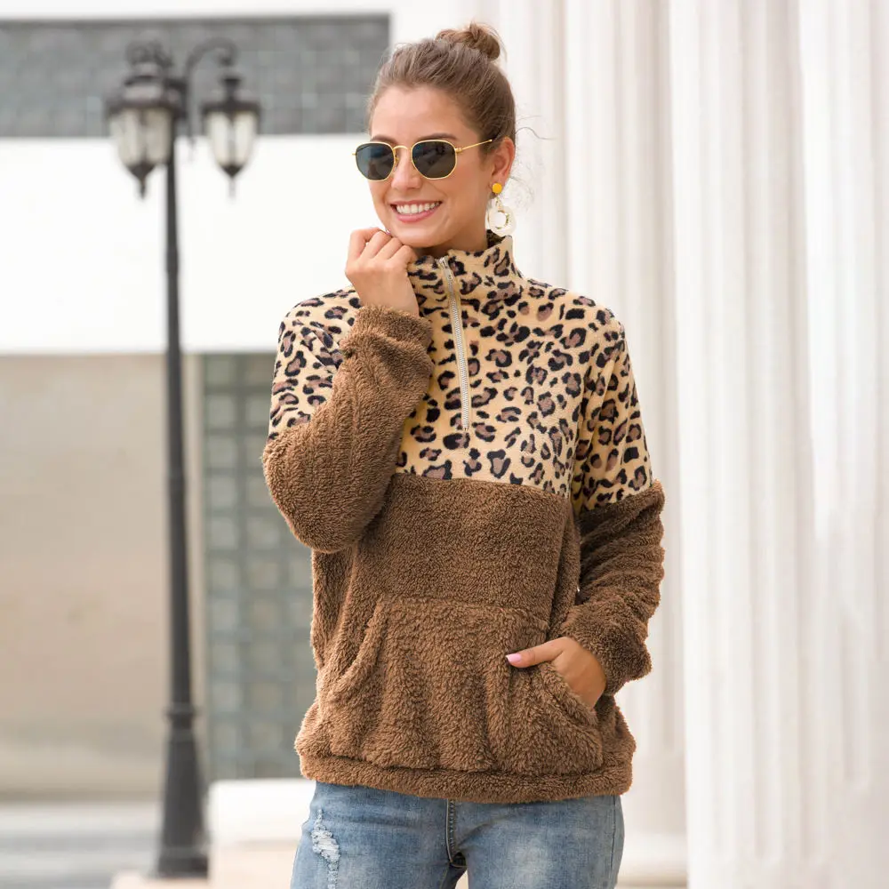 Женский леопардовый флисовый свитер, плюшевый флисовый Леопардовый пуловер на молнии размера плюс 2XL, пушистые свитера из шерпы, женские Теплые Топы