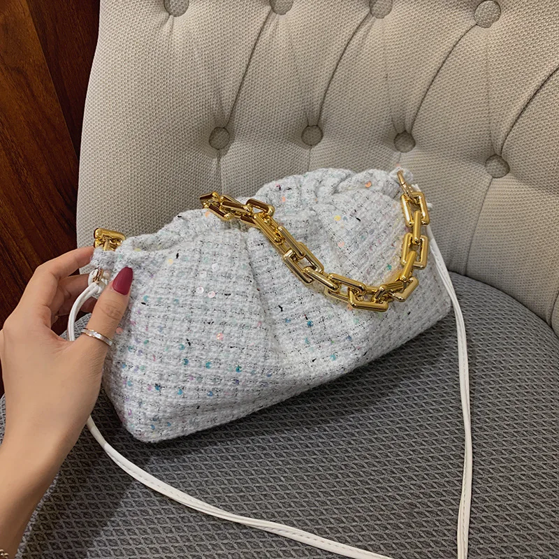 

Sequin Pleated Cloud bag 2020 Fashion New Quality Wool Women's Designer Handbag Thick Chain Armpit bag Shoulder Messenger Bag