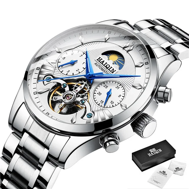 HAIQIN автоматические мужские часы Топ бренд наручные часы для мужчин tourbillon водонепроницаемые часы мужские стальные часы reloj hombre - Цвет: All-silver