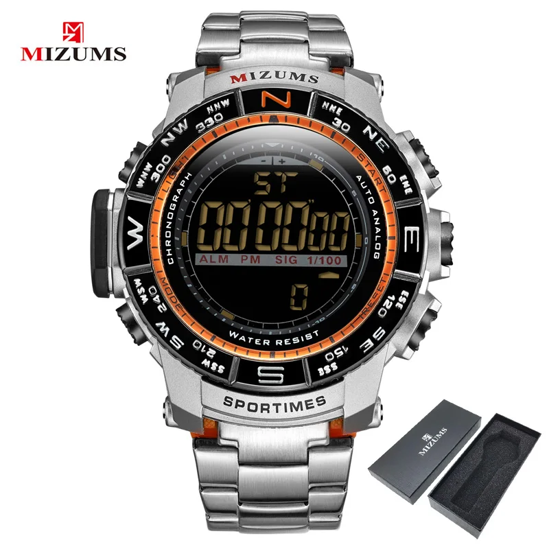 Orange with box Мужские часы Mizums с хронографом, золотые, светодиодный, цифровые, спортивные часы для мужчин, ремешок из нержавеющей стали, будильник, водонепроницаемые, мужские часы, наручные часы - Цвет: Orange with box