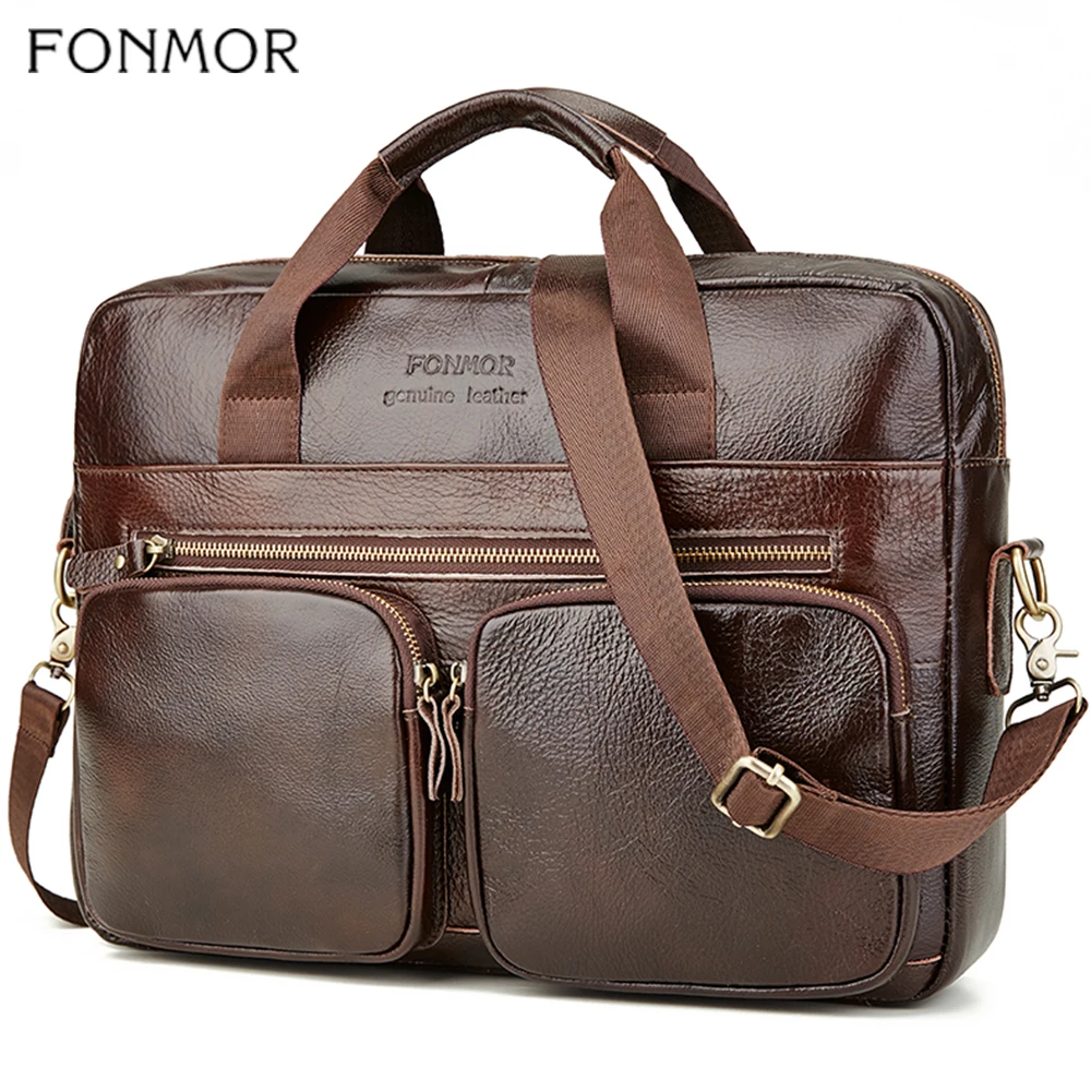 Портфель Fonmor мужской из натуральной воловьей кожи большая сумка тоут коричневый