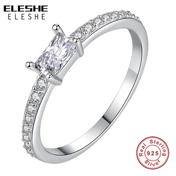 

ELESHE 2019 Classic Luxury Real Solid 925 Sterling Silver Rings Square Zircon Crystal Rings Wedding Engagement Jewelry For Women