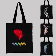 Female Black Shopping Bag Reusable Large Capacity Casual Shoulder Bag Color Feather Pattern Printed Canvas Commuter Carrying Bag