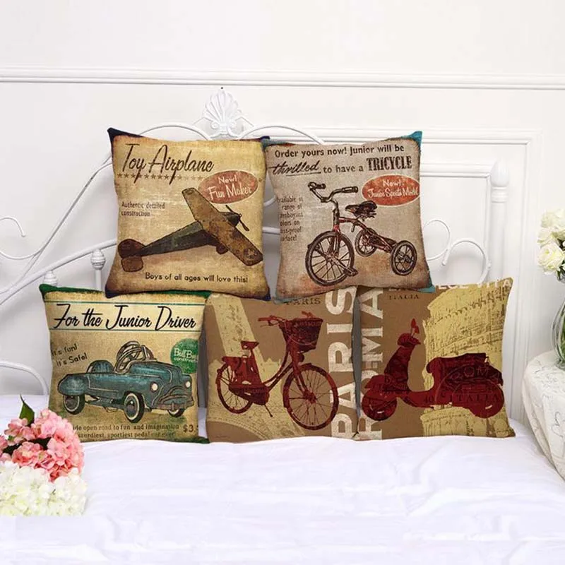 

Retro Conveyance Cotton Linen Cushion Cover Car Bedroom Sofa Cushion Cover Pillowcase Airplan Bike Images Printing Pillow Case