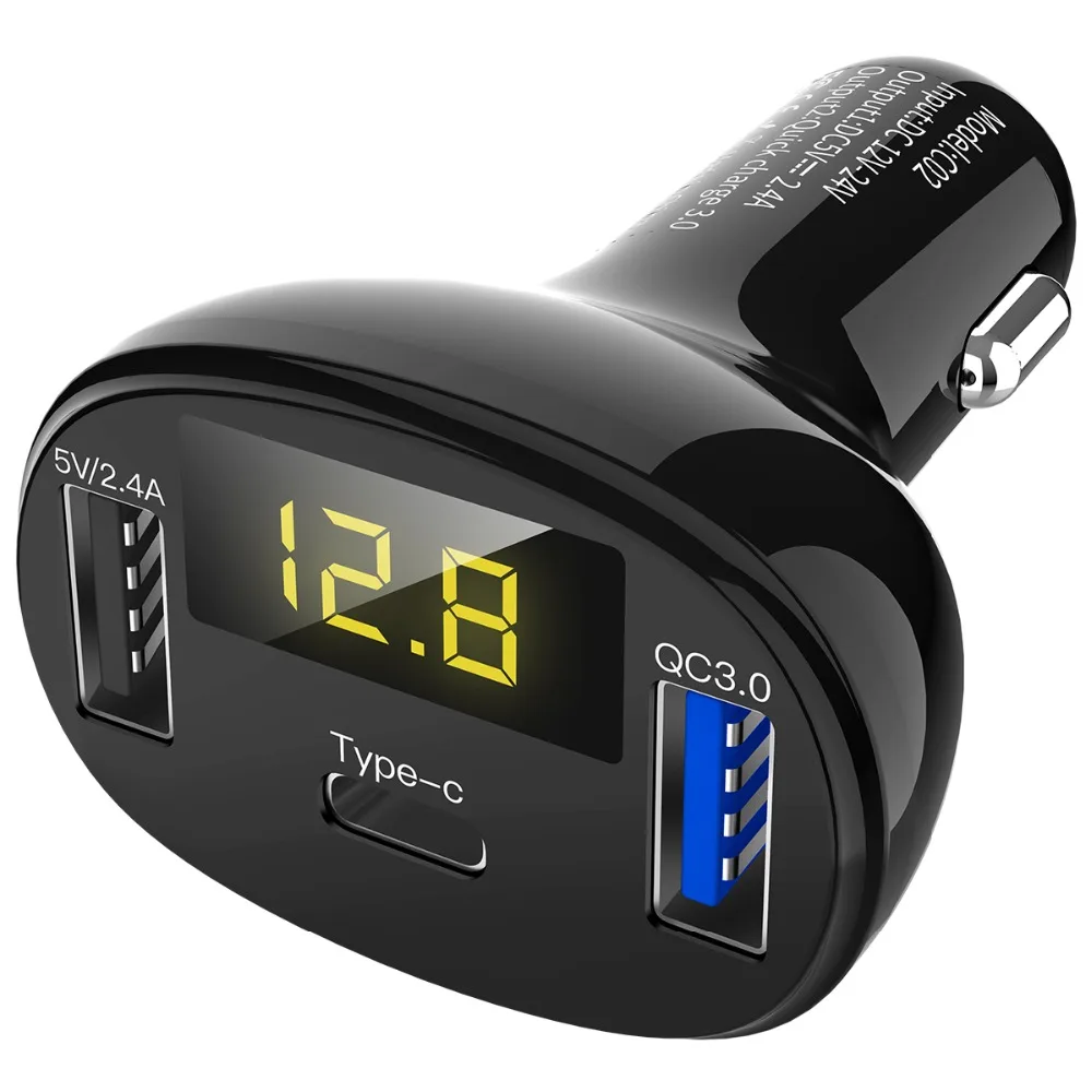 

Car Charger QC 3.0 Quick Charging Adapter USB Charger 2 USB Port Type-C Car Chargers 32W 5V 2.4A Digital Display