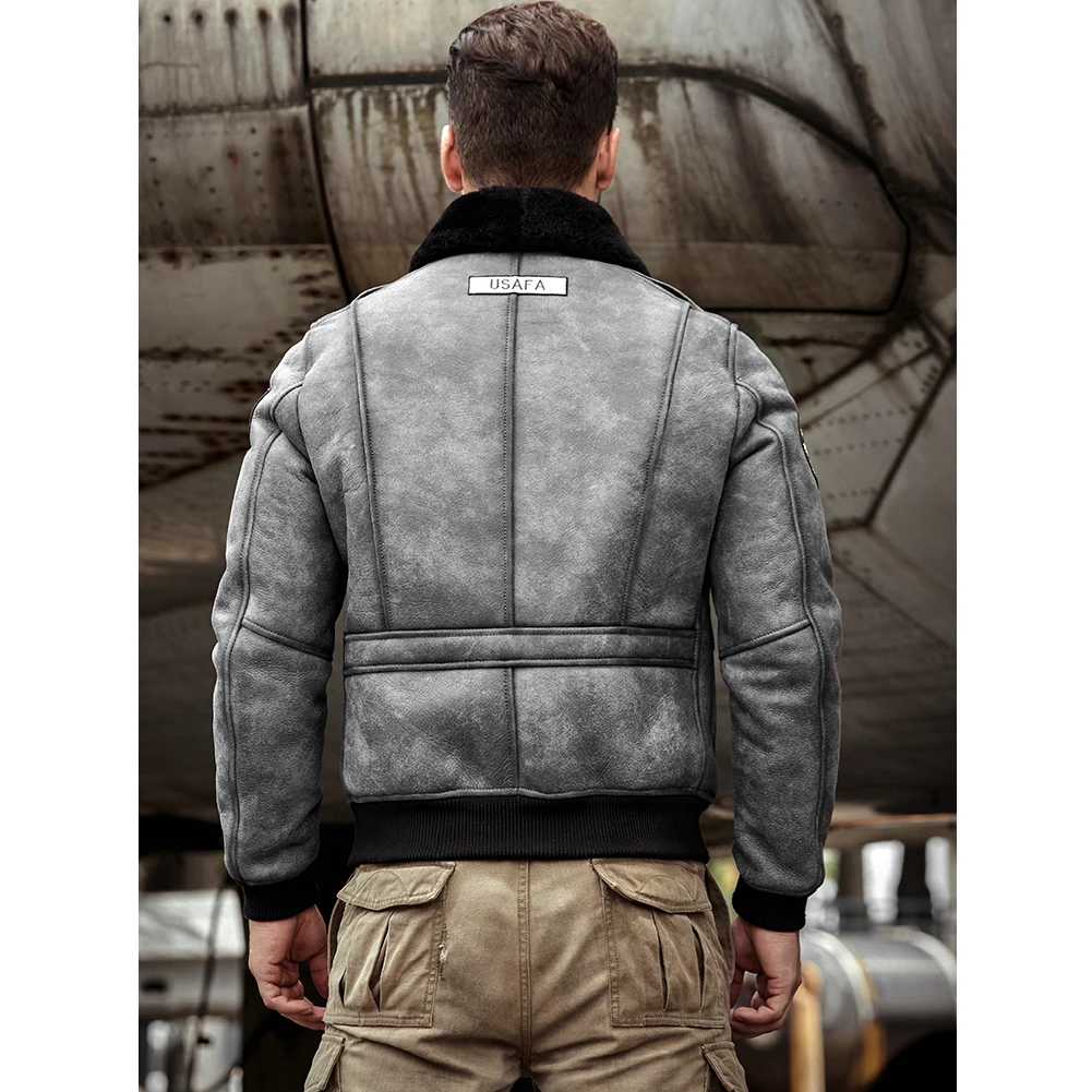 Mens Gray Sheepskin Shearling Jacket Leather Jacket A2 Airforce Flight Coat Mens Winter Fur Jacket