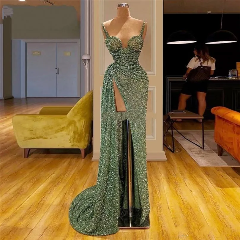 

Army Green Evening Dresses abiye gece elbisesi Spaghetti Evening Dress Sequins vestido de festa High Slit Evening Dresses Long