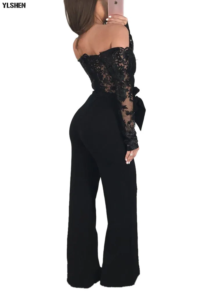 Women Jumpsuit Sexy Lace Ladies Jumpsuits Party Casual Wide Leg Overalls Off Shoulder Long Sleeve Romper Skinny Rompers Trousers 18