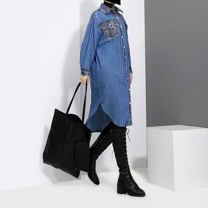 [EAM] Women Blue Striped Denim Big Size Shirt Dress New Lapel Long Sleeve Loose Fit Fashion Tide Spring Autumn 19A-a282