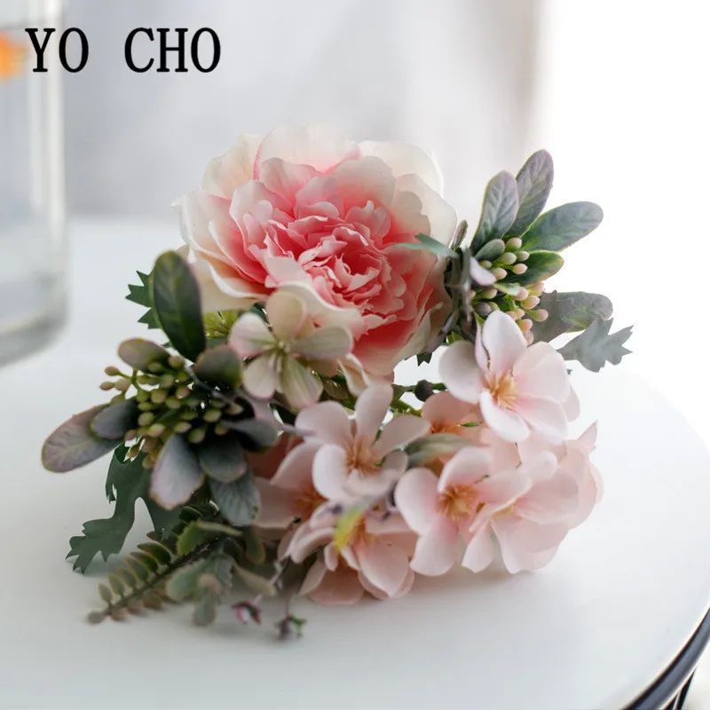 

YO CHO Wedding Flower Mini Bouquet Bridesmaids Silk Peony Flower Bouquet Fake Camellia Bunch Girl Wedding Home Party Table Decor