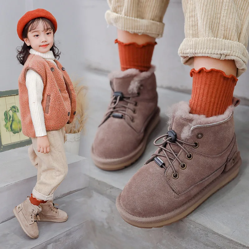 Детские зимние сапоги из натуральной замши; Теплая обувь для девочек с толстым мехом и эластичной лентой; модные детские сапоги