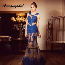 

Blue Appliques Sequin Evening Dresses Tulle See Through Frount Mermaid Sleeveless Formal Party Gowns Robe De Soiree