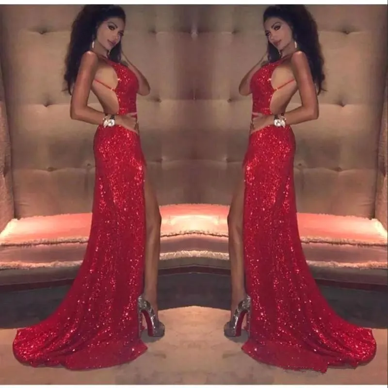 

Vestidos Longo Backless Mermaid Evening Dress Red Sequins Halter Long Evening Dress Plus Size Formal Dress Party Evening Gowns
