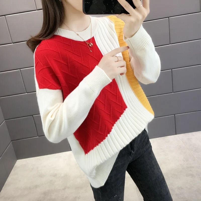 Женский пуловер с круглым вырезом в стиле пэчворк свитер в Корейском стиле свободные трикотажные пуловеры осень-зима Джемперы одежда Q9051