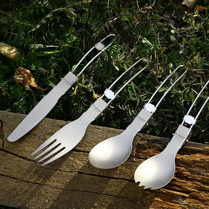 Tiartisan Titanium Folded handle knife Camping Cutlery Portable Picnic Tableware Traveling knife spoon fork set